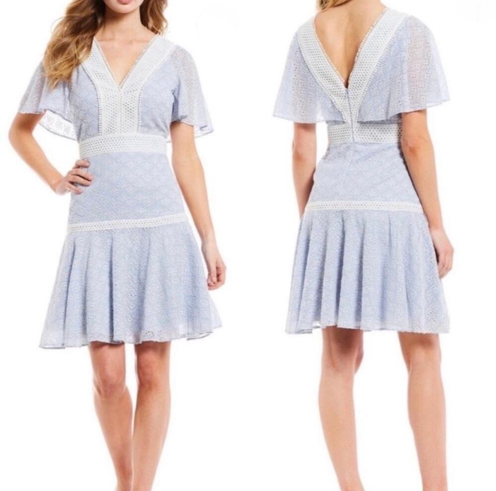 Gianni Bini Alice Lace Mini Dress Blue & White Tiered V-Neck Small